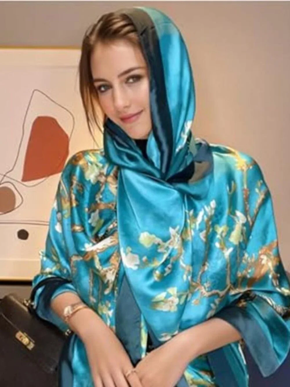 Blue Large Silk Feeling Scarf-Women's Fashion Long Mulberry Silk Satin Neck